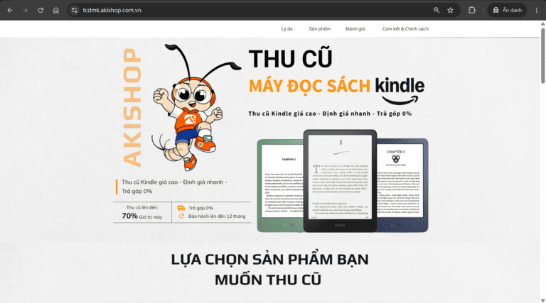 Giao diện trang chương trình thu cũ máy đọc sách Kindle